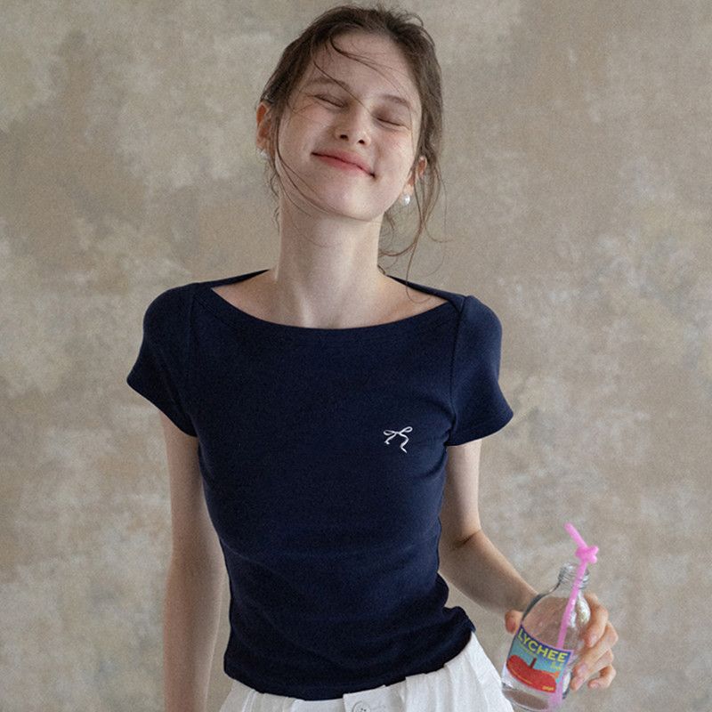 Summer New Style Pure Lust Hot Girl Short Pure Cotton Short-Sleeved T-Shirt Women's Slimming Look Versatile Design Top for Women