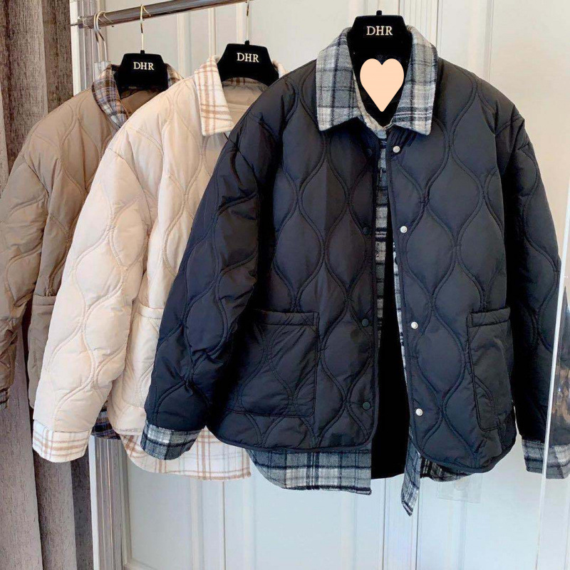 Cotton Coat Autumn/Winter New Thick Hong Kong Style Loose Student Patchwork Retro Check Shirt Two-Piece Cotton Jacket Women