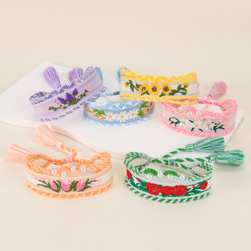 Europe and the United States cross-border flower embroidery woven hand rope adjustable creative friendship tassel three-in-one suit bracelet wholesale