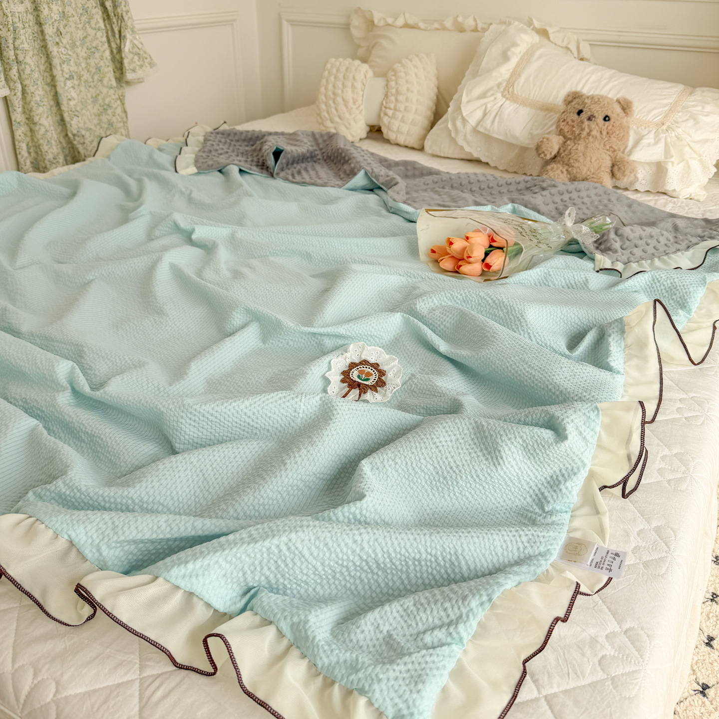 Verano estilo coreano encaje verano frío edredón madre-infantil lavable máquina hielo edredón de verano dormitorio doble edredón de aire acondicionado delgado