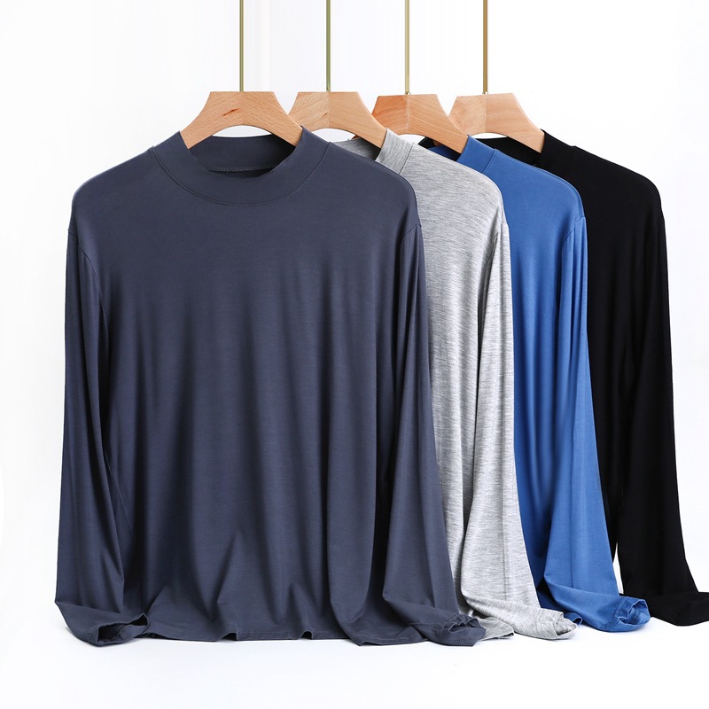 봄과 가을 새로운 남성 모달 하프 하이 칼라베이스 셔츠 얇은 내부 긴 소매 티셔츠 캐주얼 남성 탑