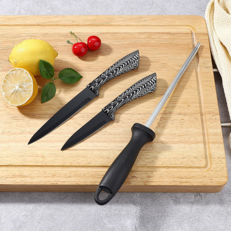 Fábrica transfronteriza spot de cuchillo doméstico cuchillo conjunto de nueve piezas mango de rayas blancas y negras conjunto acrílico asiento