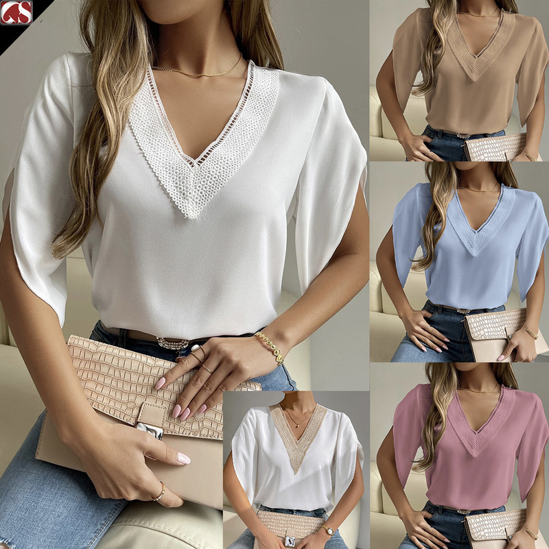 European and American Foreign Trade Cross-Border Amazon Spring and Summer New Style V-Neck Lace Solid Color Top Elegant Short-Sleeved Chiffon Shirt for Women