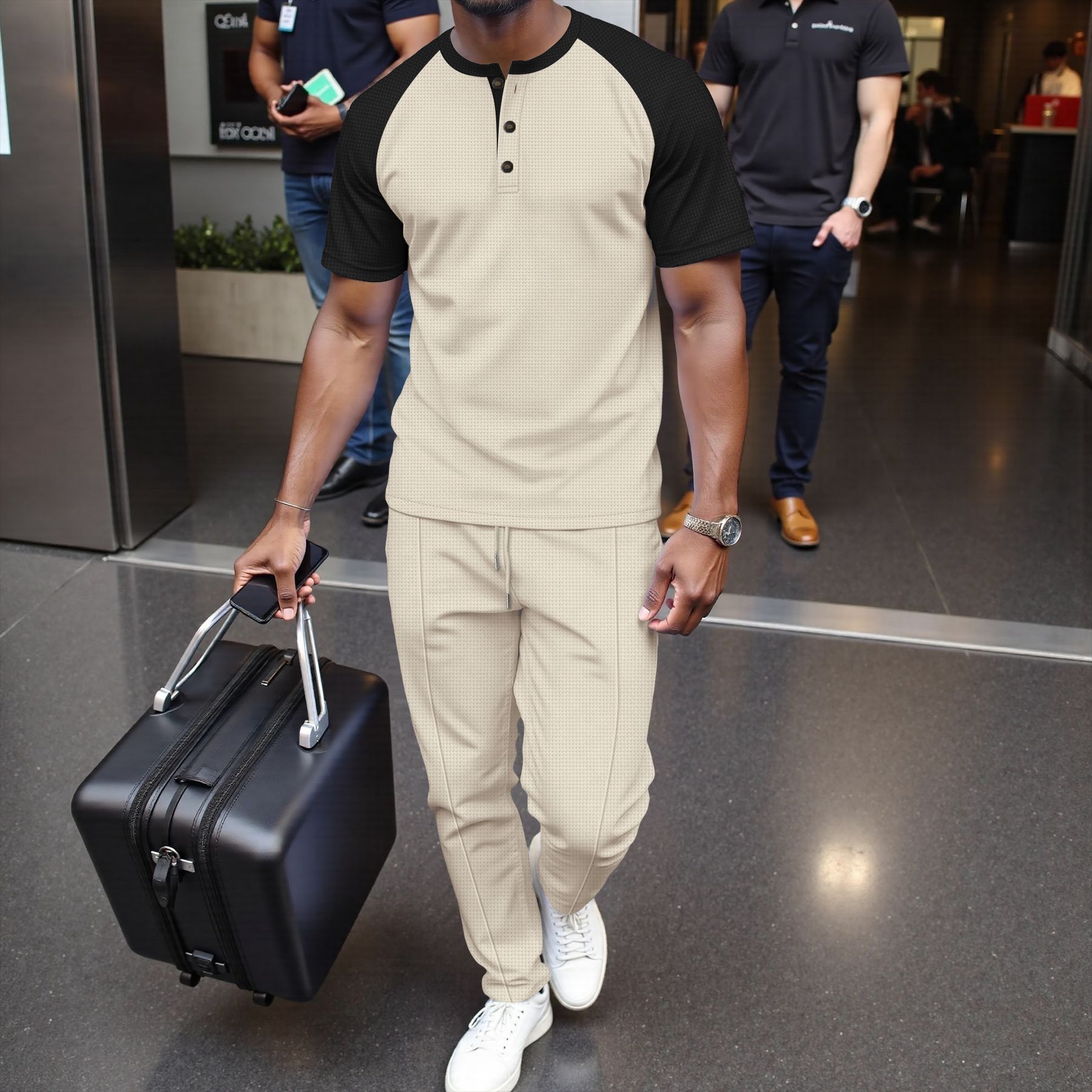 Men's Clothing Men's Summer Waffle Knit Crew Neck Color Block T-Shirt Short Sleeve Casual Outdoor Set For Formal & Casual_viptrois.com