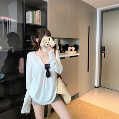 白色慵懒风长袖宽松T恤女秋季休闲薄款防晒罩衫纯色显瘦百搭上衣