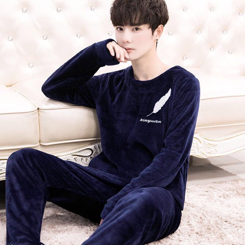 Pijamas de los hombres Otoño e Invierno forrada de lana engrosada coral polar franela adolescentes más tamaño de manga larga ropa de casa traje