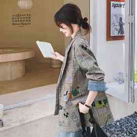 灰色格子西装外套女秋季新款设计感炸街宽松休闲涂鸦印花西服