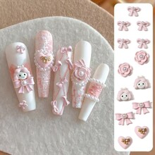 卡通蝴蝶结美甲饰品网红新款蔷薇粉爱心珍珠领结指甲配饰品钻批发