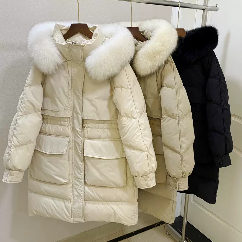 平湖白鸭绒羽绒服带毛领中长款冬季外套女十三行折扣女装尾货批发