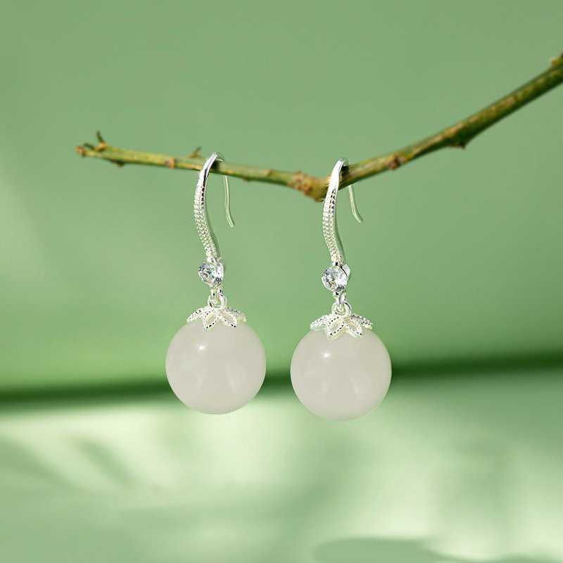 모조 Hetian 옥 12mm 양고기 지방 흰색 S925 스털링 실버