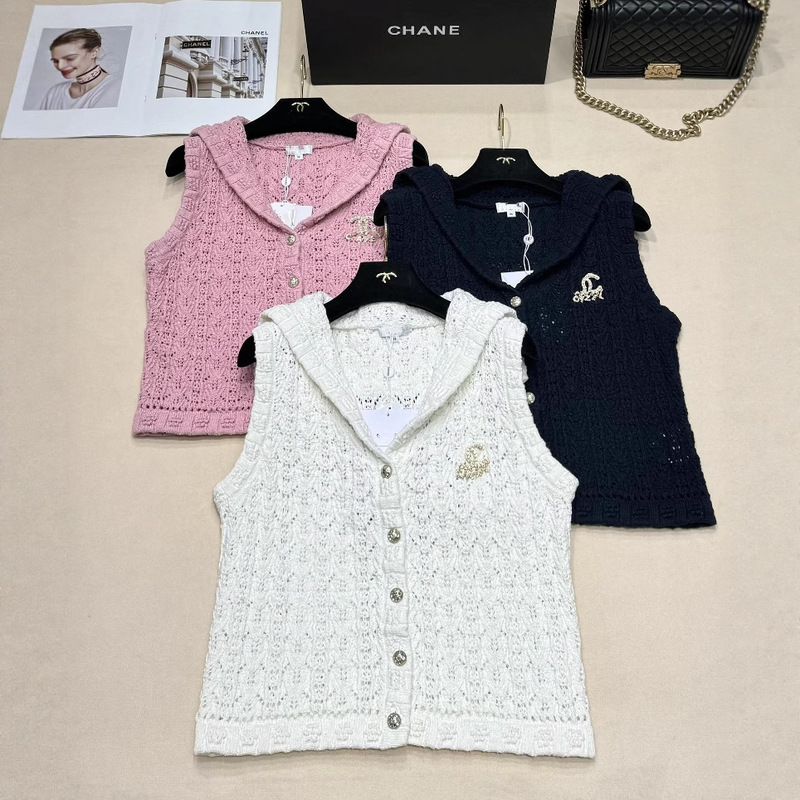 High Version Ch Home 25 Summer New Knitted Sleeveless Cardigan Cut Out Hook Pattern Navy Collar Knitted Cardigan Vest