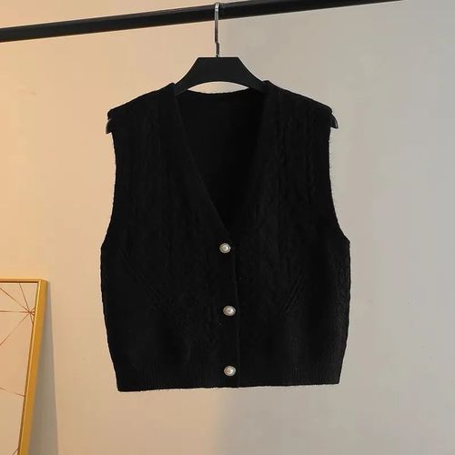 Cardigan vest for women, suitable for spring and autumn, versatile V-neck single-breasted short-sleeve sweater, interlocking stitch, paired with a plain jacket.
