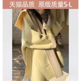 LEETWINS连帽双面绒大衣女2022秋冬新款韩版拼色小个子羊毛呢外套