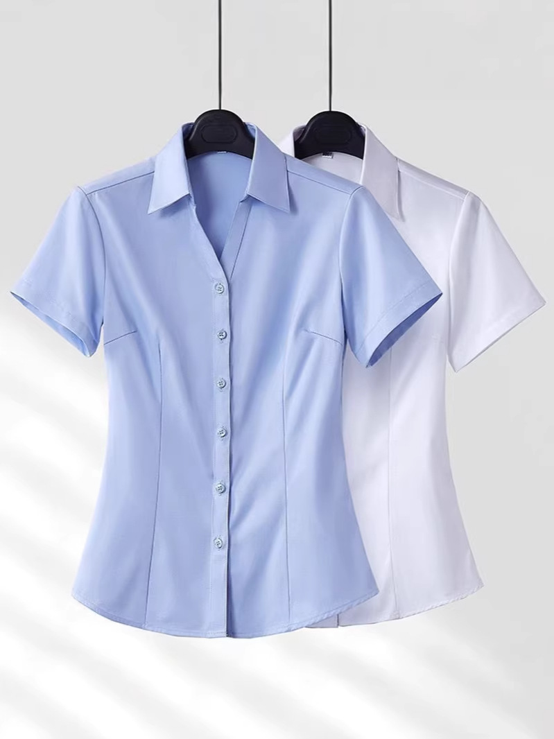 夏季新款V领白衬衫女士短袖工作服正装修身职业衬衣显瘦薄款长袖