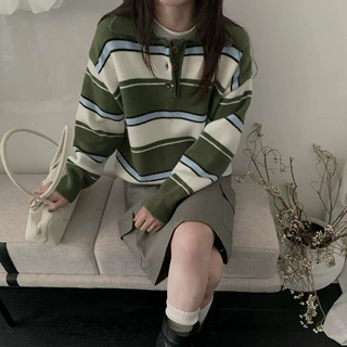 韩系Polo领半开扣条纹宽松毛衣女复古撞色针织上衣套头衫源头工厂