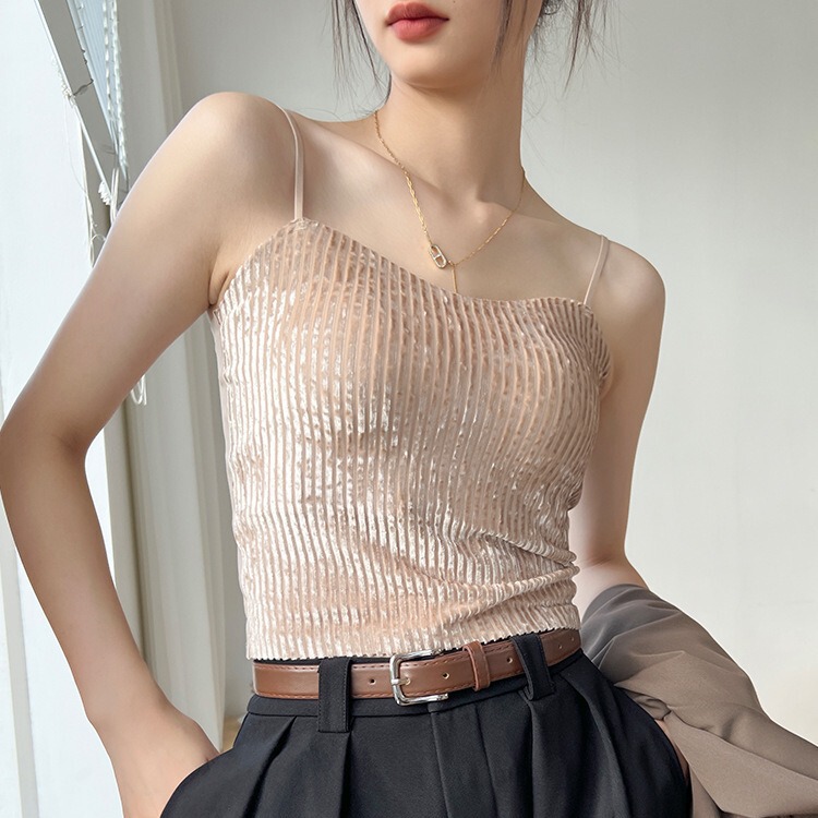 Pure hot girl gold velvet small sling beauty back vest integrated with chest pad wrapped chest outer wear bottoming short top
