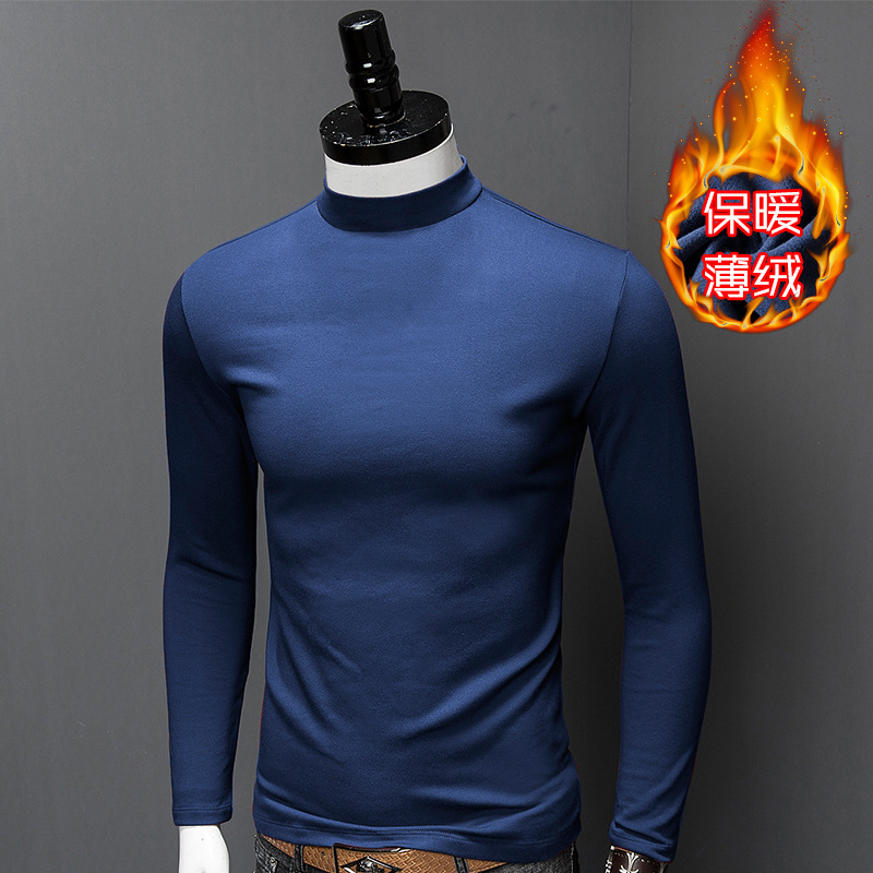 Winter men's fleece-lined thickened small turtleneck long sleeve modal bottoming shirt mid collar T-shirt solid color slim thermal underwear