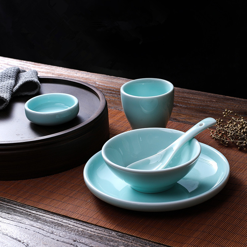 New Chinese style table decoration tableware hot pot restaurant hotel table top five-piece dining bar color glaze ceramic plate Bowl Spoon