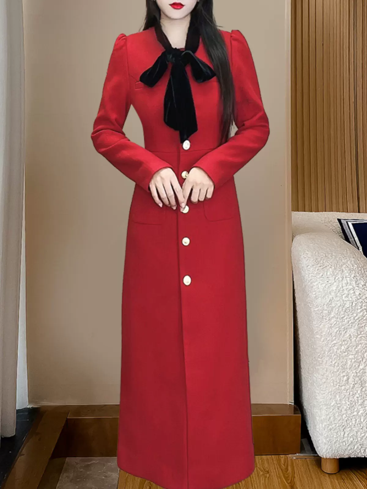 气质小香风高级感红色毛呢连衣裙子女秋冬过年结婚宴会礼服敬酒服