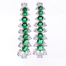杰灵珠宝 欧美复古流苏款仿真祖母绿彩宝女士耳环耳坠璀璨锆石