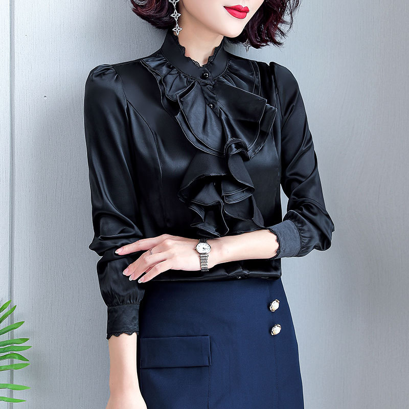 Ruffled Long-sleeved Shirt Temperament Commuter 2022 Spring Stand-up Collar Cardigan Women's Top Slim Solid Color Bottoming Shirt