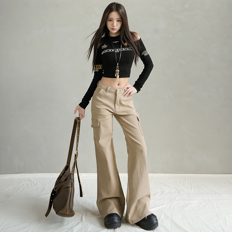 卡其色大口袋工装牛仔裤女2025新款秋冬季宽松拖地休闲弹力喇叭裤|undefined