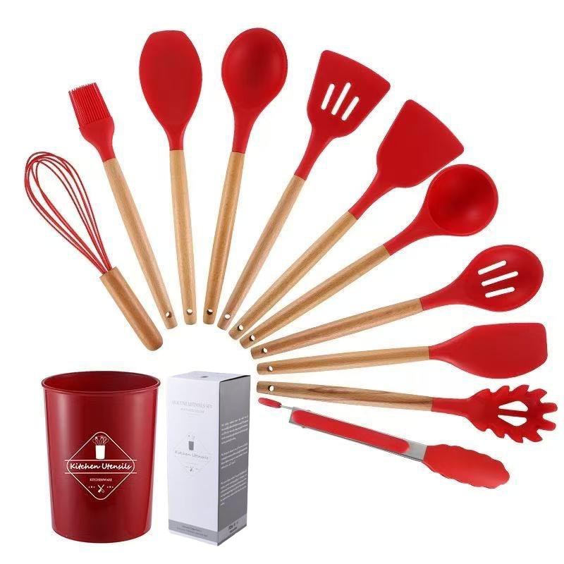 Spot transfronterizo mango de madera silicona herramientas de cocina para el hogar juego de 12 piezas olla antiadherente olla de cocción pala cuchara de sopa juego de utensilios de cocina