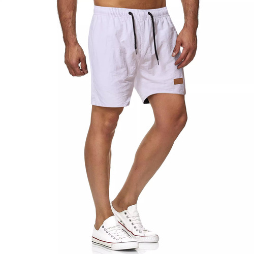 Men's all-matching five-minute quick-dry solid color leather label beach pants, sports fitness shorts