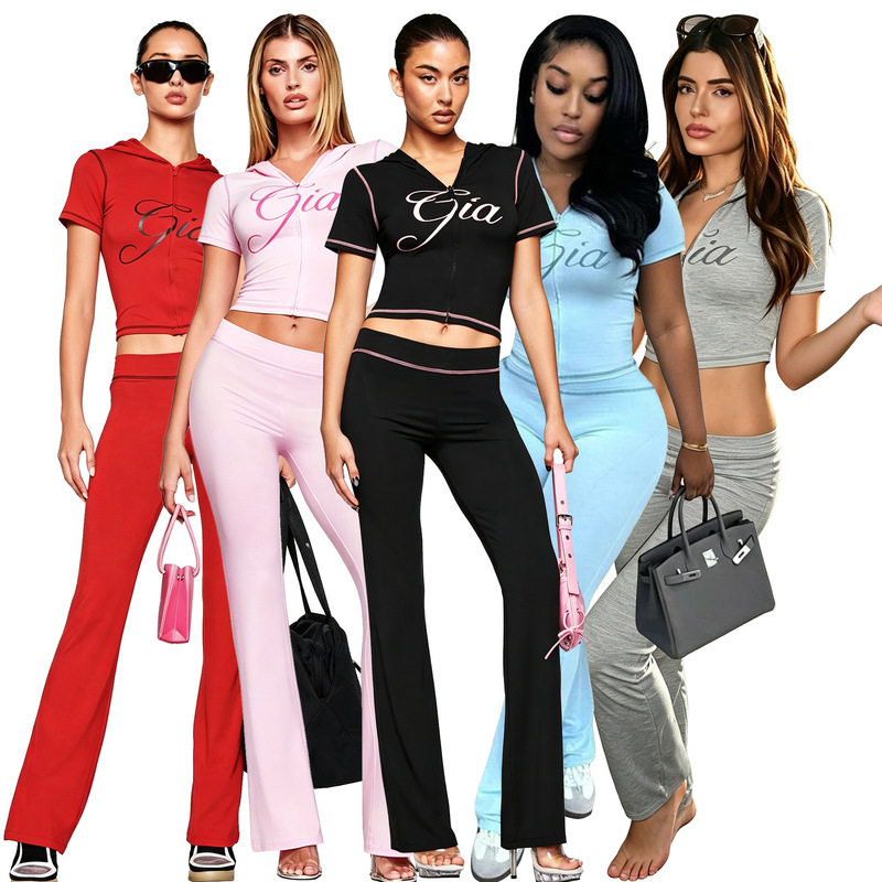 Gia's New European and American Trendy Cross-Border Fashion Printed Slim-Fit Stretchy Hooded Sports-Style Short-Sleeve Jacket and Pants Set Gia's New European and American Trendy Cross-Border Fashion Printed Slim-Fit Stretchy Hooded Sports-Style Short-Sleeve Jacket and Pants Set
