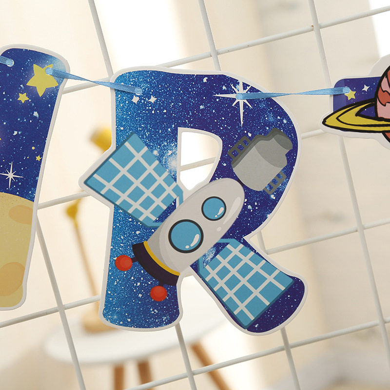 新款星际飞船生日字母拉旗宇宙飞船生日派对太空场景装饰布置拉花