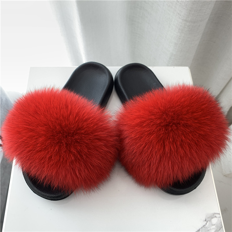 Fashionable Fox Fur Slippers for Women, Home Fur Outer Wear, Casual Beach Shoes, Flat Sandals Fashionable Fox Fur Slippers for Women, Home Fur Outer Wear, Casual Beach Shoes, Flat Sandals