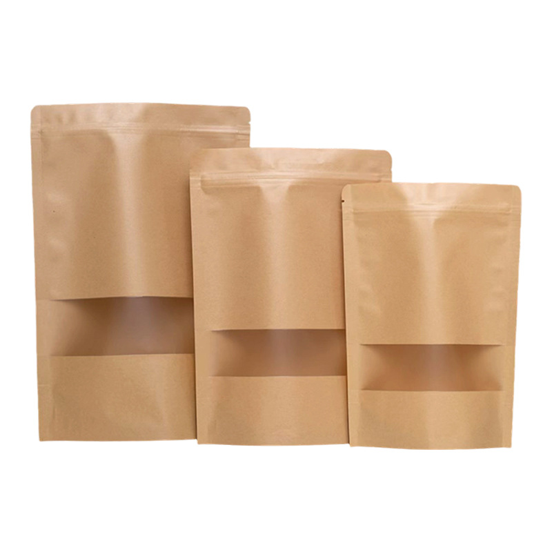 Bolsas de papel kraft de 60g con ventana y base autoestable para envasado de té y alimentos, bolsas de papel kraft autosellables, bolsas autoestables al por mayor.