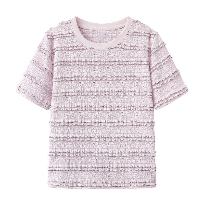 2025 New Summer Textured Lace Shirt Round Neck Short-Sleeved Top Loose Shirt Shirt for Women D402Km402Z20