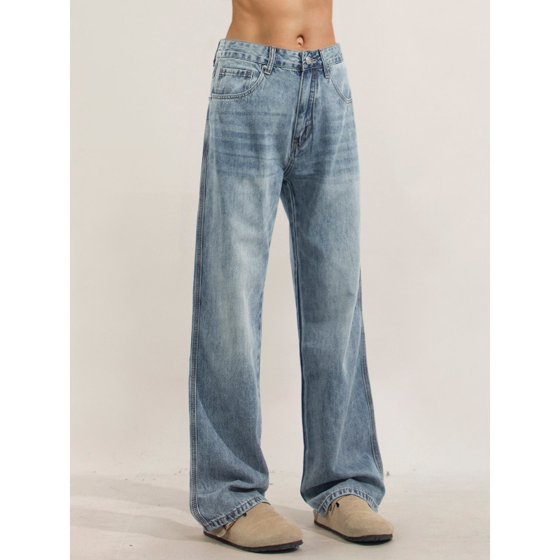 Men's Washed Denim Jeans, High Street Loose Fit Straight Leg Trousers For Clean Aesthetic & Casual Style_viptrois.com