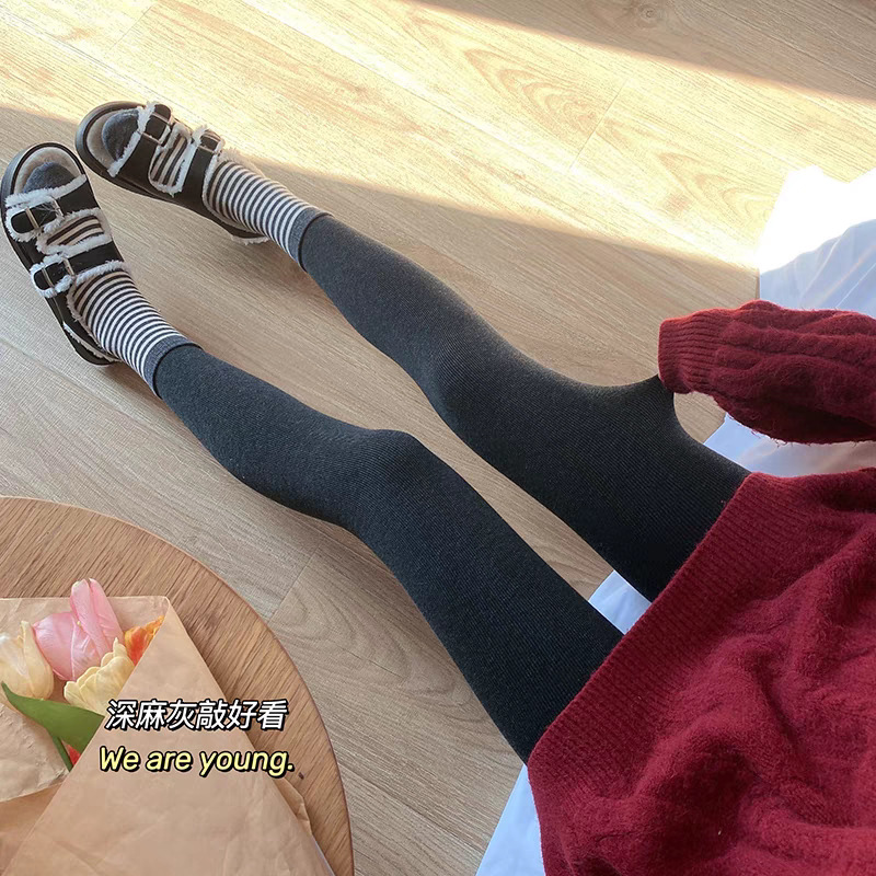 ❤ Cashmere Leggings for Women, Autumn and Winter, Fleece-Lined, Thick, Fine Stripes, Suitable for Outerwear, Slight Compression, Slimming, Gray Vertical Striped Tights