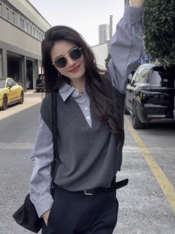 假两件长袖衬衫女高级感设计感小众早秋韩系chic别致针织衫上衣|undefined
