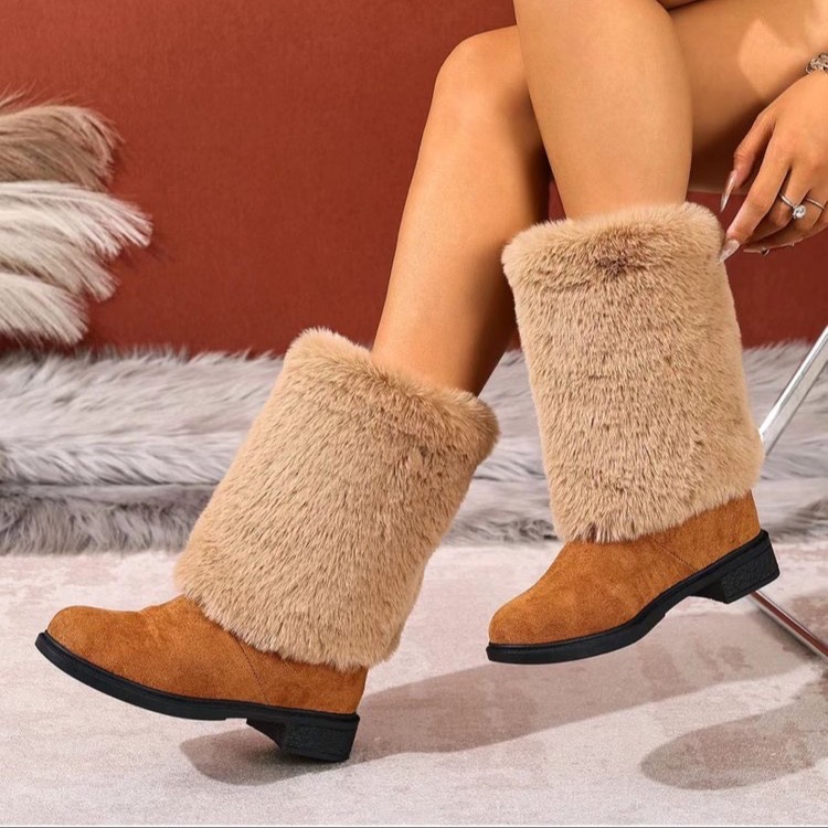Botas de neve femininas de cano médio em camurça, forradas com lã de algodão quente, bico redondo, estilo inverno._voghion.com