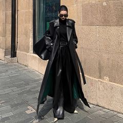 雅痞层次感PU皮2025新款气质长款皮风衣女收腰外套秋冬