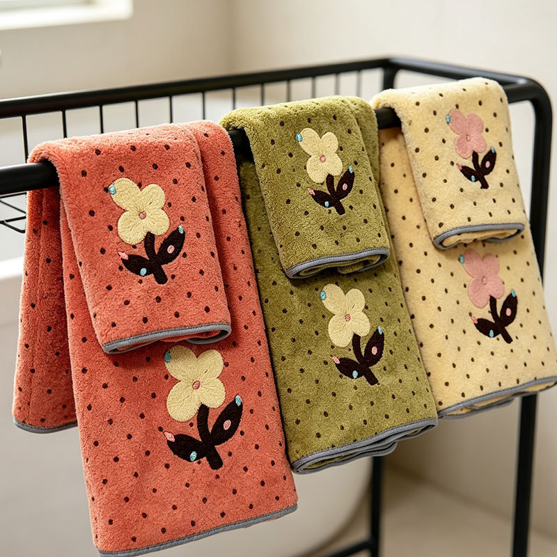 Korean-style polka dot floral dry towel for women, adult absorbent quick-dry hair towel, couple's home bath towel