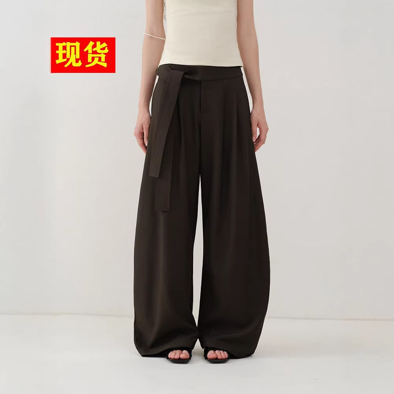 Someone Old Money Drapey Silhouette Wide Waistband Patchwork Tie Pleated Wide-Leg Suit Pants