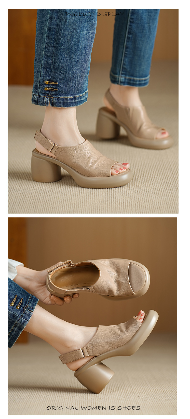 Sandal nữ cao gót mũi hở da cừu quai một từ khóa — màu trắng ngà chi tiết 6