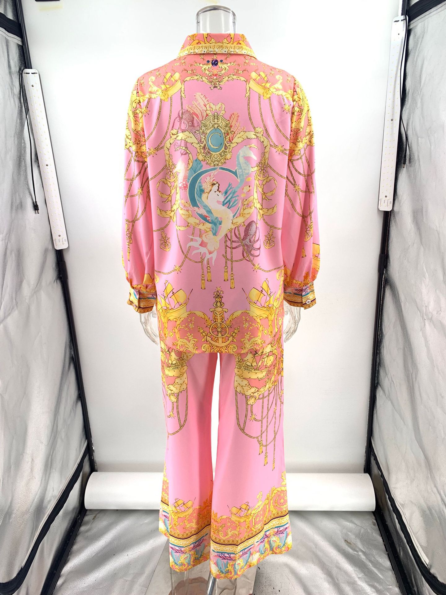 Casual Vacation Long Sleeved Pink Printed Shirt Trousers Two Piece Suit Women