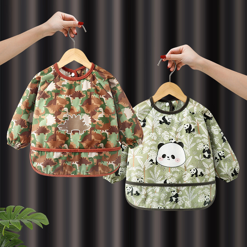 Corduroy Baby Dining Bib Autumn and Winter Long Sleeve Children's Overalls Male Baby Food Supplementary Kindergarten Waterproof Retroreflective Clothes