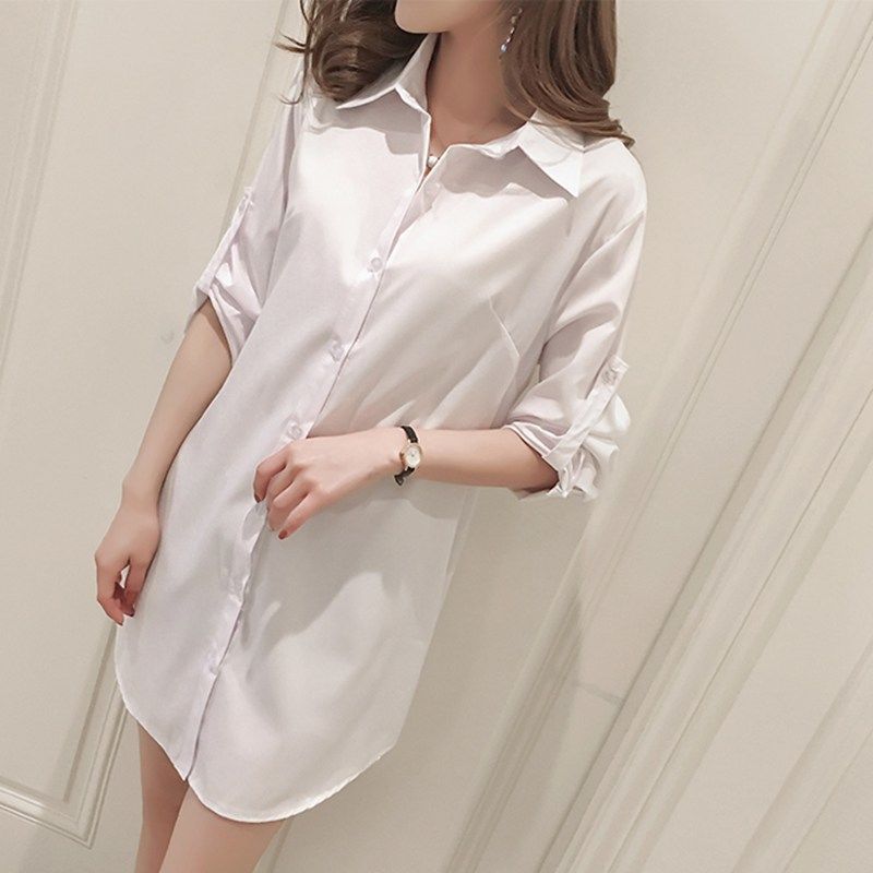 Korean Style Boyfriend Temptation Long-Sleeved White Shirt Bottoming Top Women's Loose Mid-Length Home Shirt Casual and Versatile