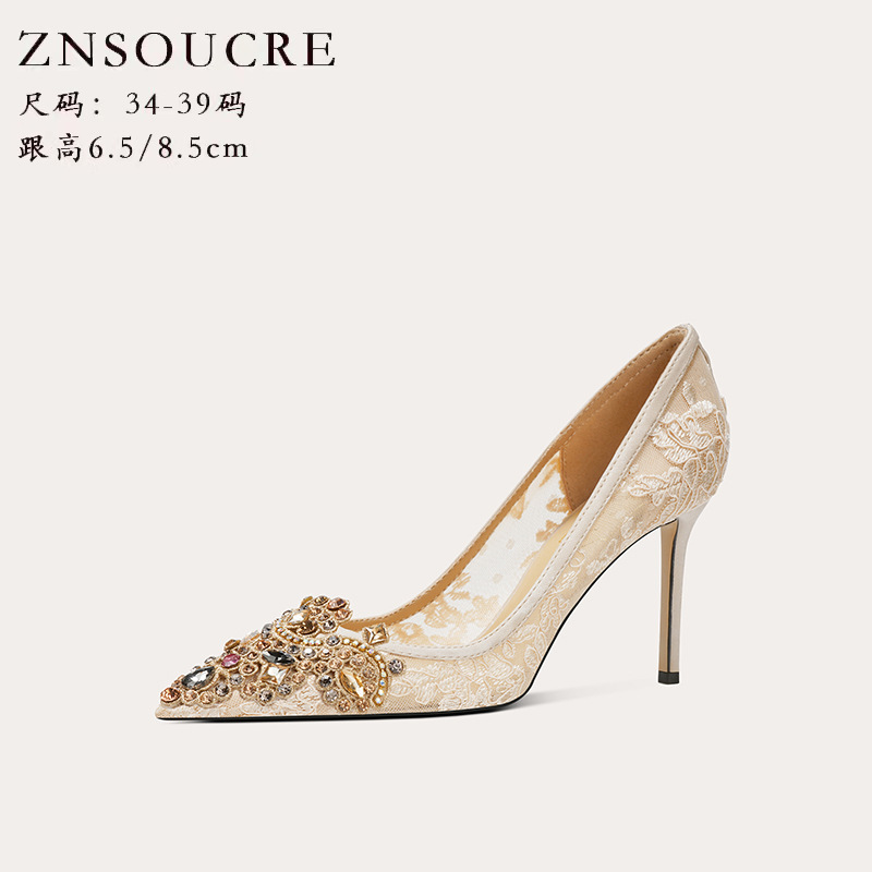 718-2 French Goatskin Sexy High-Heeled Women's Shoes New Chinoiserie Stiletto Women's Shoes Rhinestone Pointed Toe Design Heels