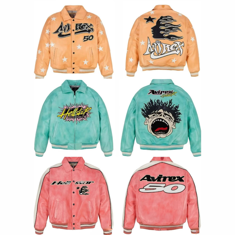 American Trendy Brand Avirex X Hellstar Leather Jacket, Loose Hip-Hop High Street Style for Men, American Style