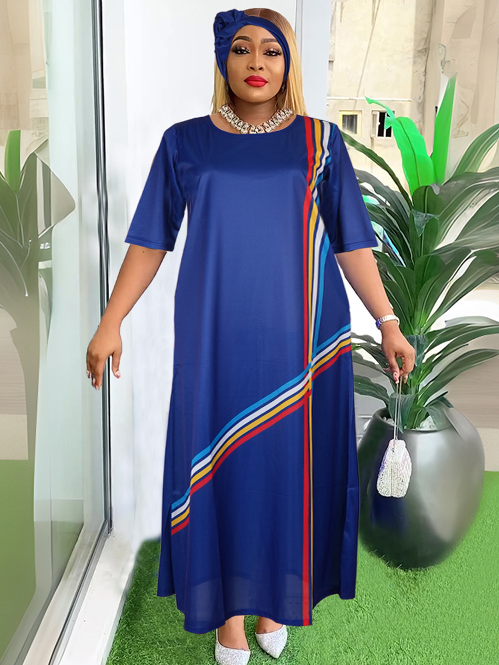 AliExpress Amazon Cross-border Source African plus size European and American Women's Color Striped dress with Headscarf
