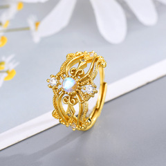 網紅直播熱賣新款月光石開口戒指藍光天然日韓皇冠復古指環時尚女