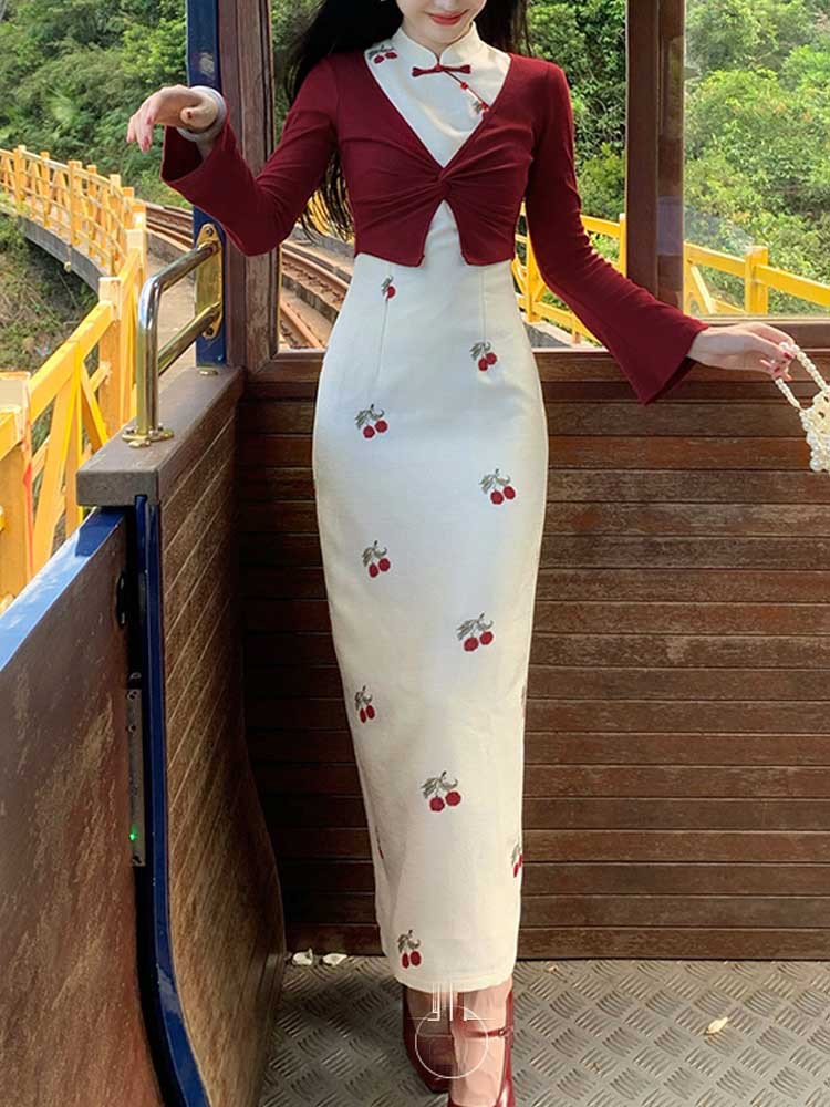 Qin Ying' New Chinese Style Cherry Embroidery Modified Cheongsam For Women, Early Autumn Vintage Stand Collar_ecoleips.com