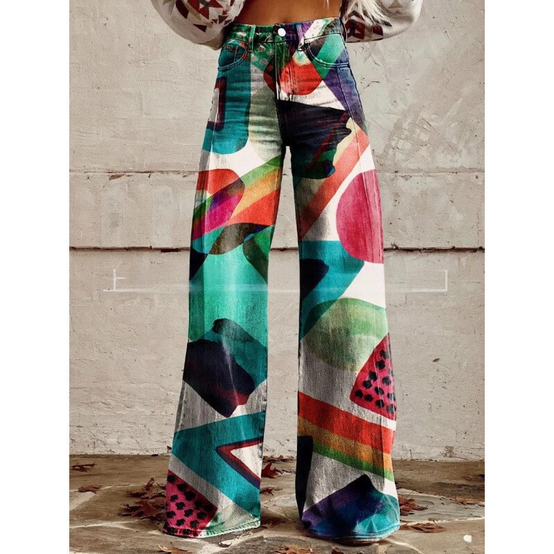 European and American 3D Printed Patterned Men's Anime Floral Creative Versatile Women's Wide-Leg Flared Jeans, Warm and Loose-Fitting